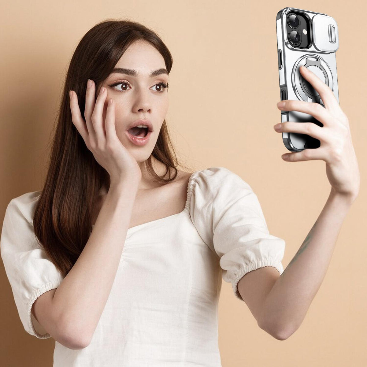 For iPhone 18 Sliding Camshield Ring Holder Phone Case - Silver - EDA008462107G
