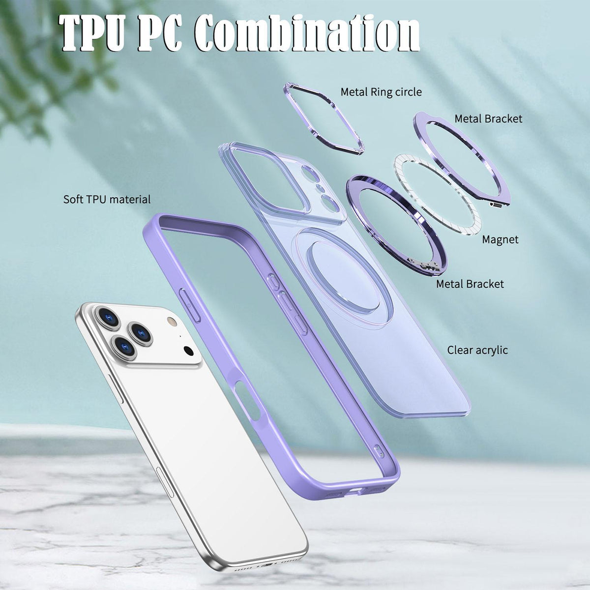 For iPhone 18 Pro Max kalebol MagSafe Metal Ring Holder Phone Case - Light Purple - EDA008475506A