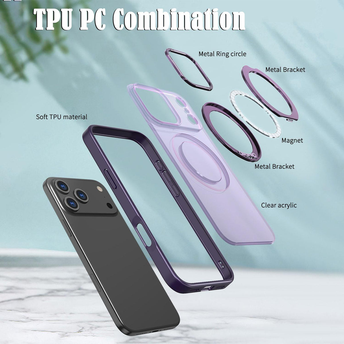 For iPhone 18 Pro Max kalebol MagSafe Metal Ring Holder Phone Case - Dark Purple - EDA008475506I