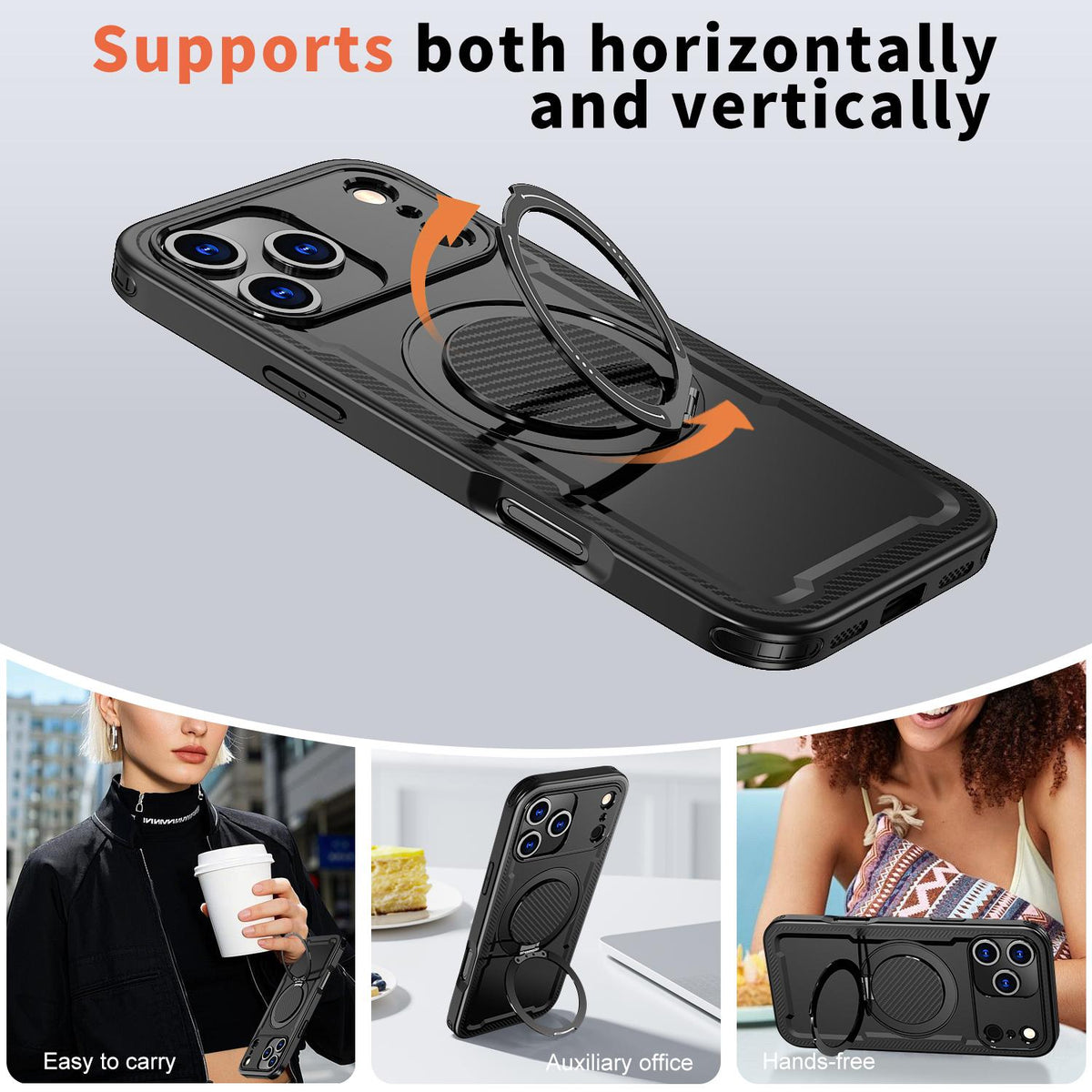 For iPhone 18 Pro kalebol Metal 360 Degree Rotation Holder MagSafe Phone Case - Black - EDA008480220A