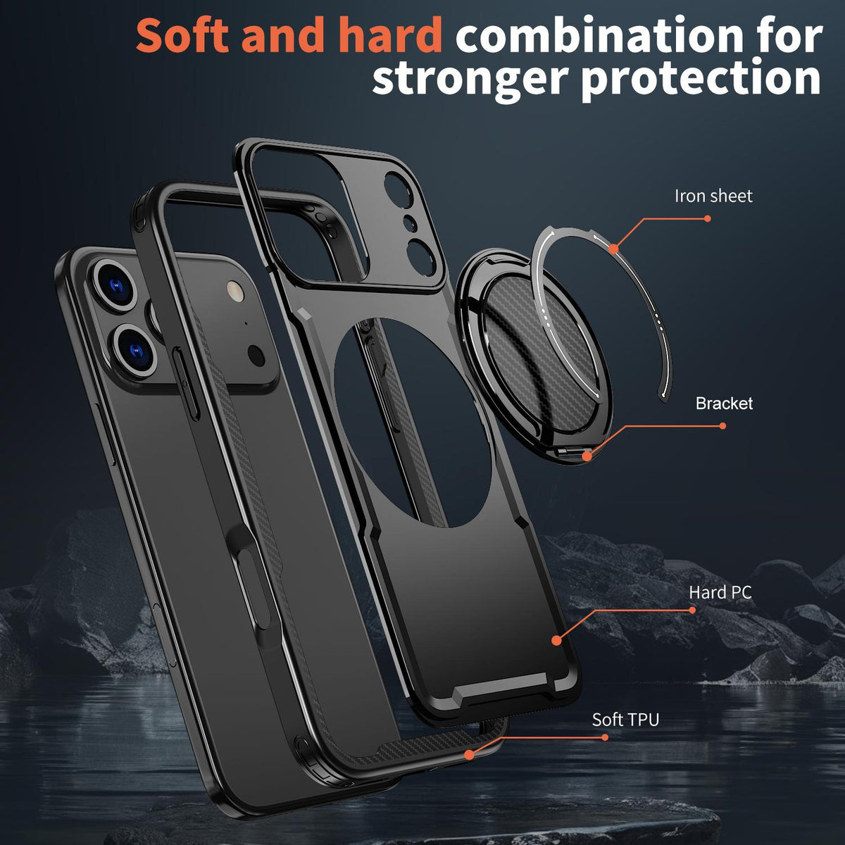 For iPhone 18 Pro kalebol Metal 360 Degree Rotation Holder MagSafe Phone Case - Black - EDA008480220A