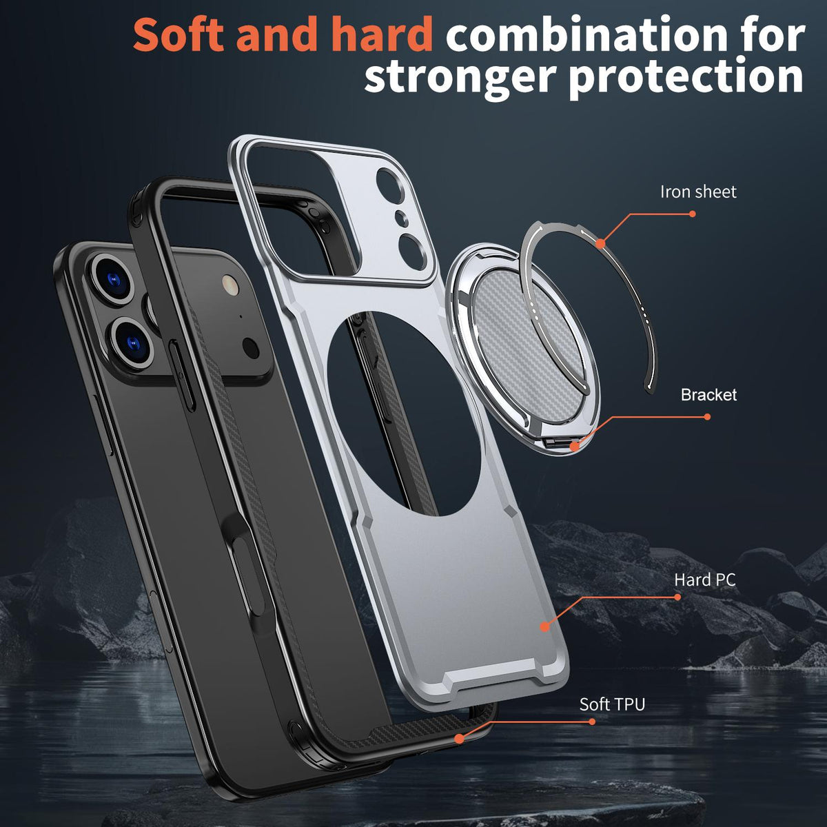 For iPhone 18 Pro kalebol Metal 360 Degree Rotation Holder MagSafe Phone Case - Grey - EDA008480220C