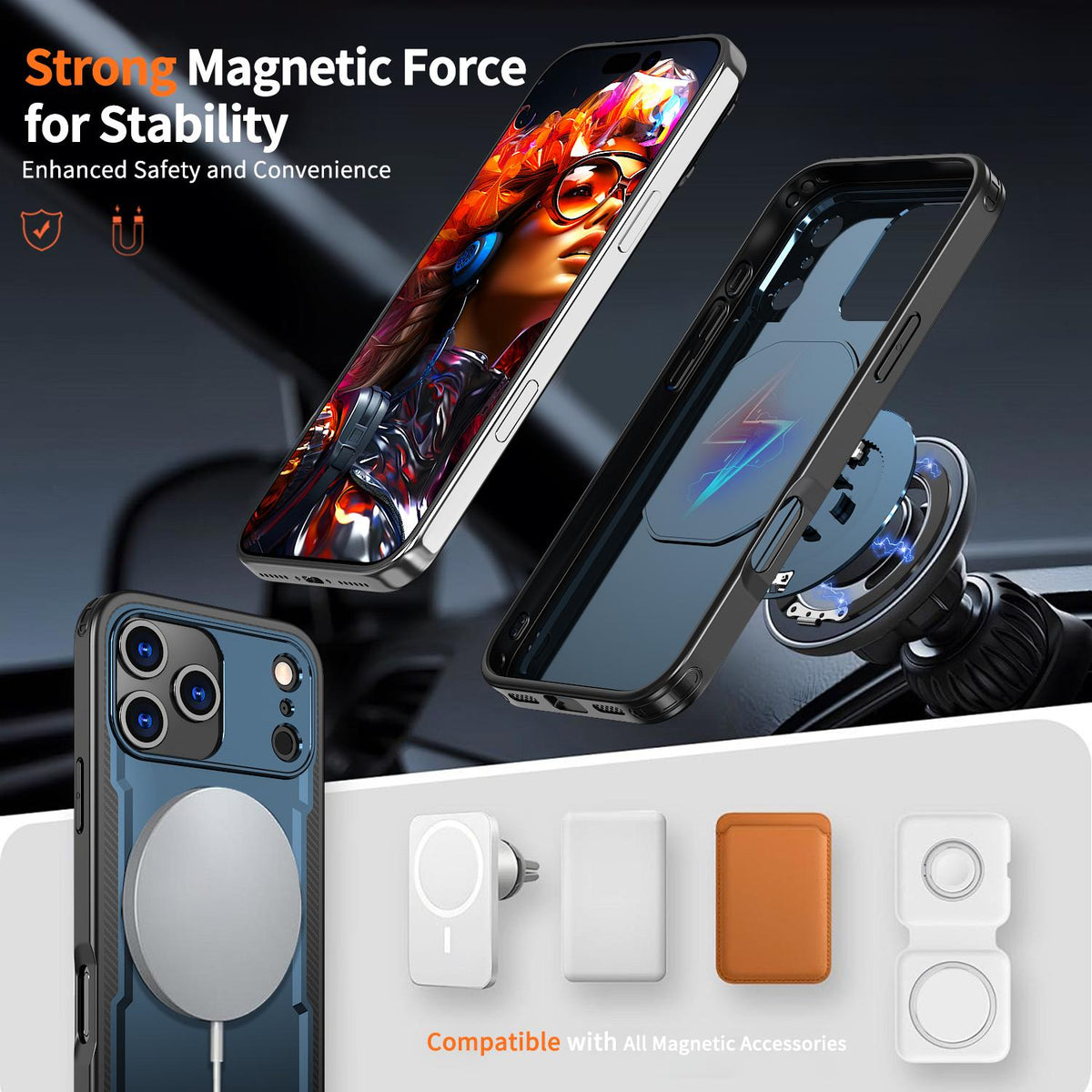 For iPhone 18 Pro kalebol Metal 360 Degree Rotation Holder MagSafe Phone Case - Navy Blue - EDA008480220D