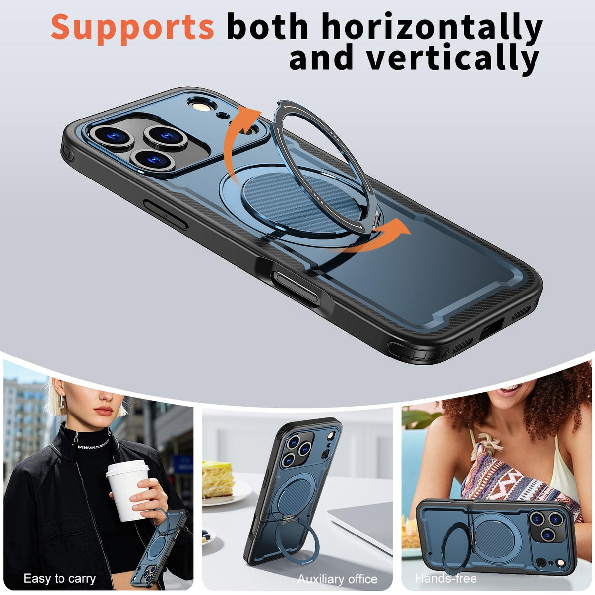 For iPhone 18 Pro kalebol Metal 360 Degree Rotation Holder MagSafe Phone Case - Navy Blue - EDA008480220D