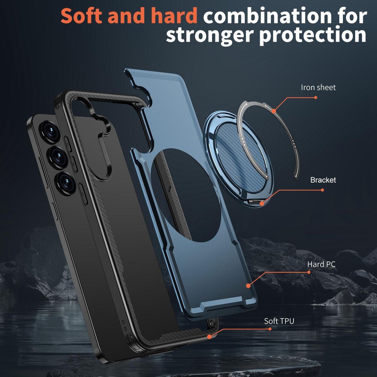 For Galaxy S25+ 5G Kalebol Metal 360 Degree Rotation Holder MagSafe Phone Case - Navy Blue - EDA008480906D