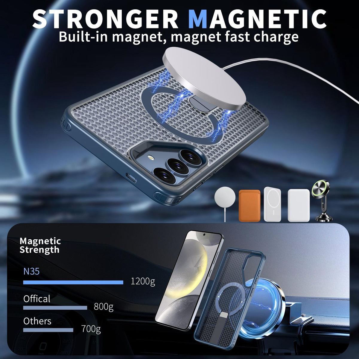 For Galaxy S25 5G kalebol Honeycomb Cooling MagSafe Holder Phone Case - Blue - EDA008482012B