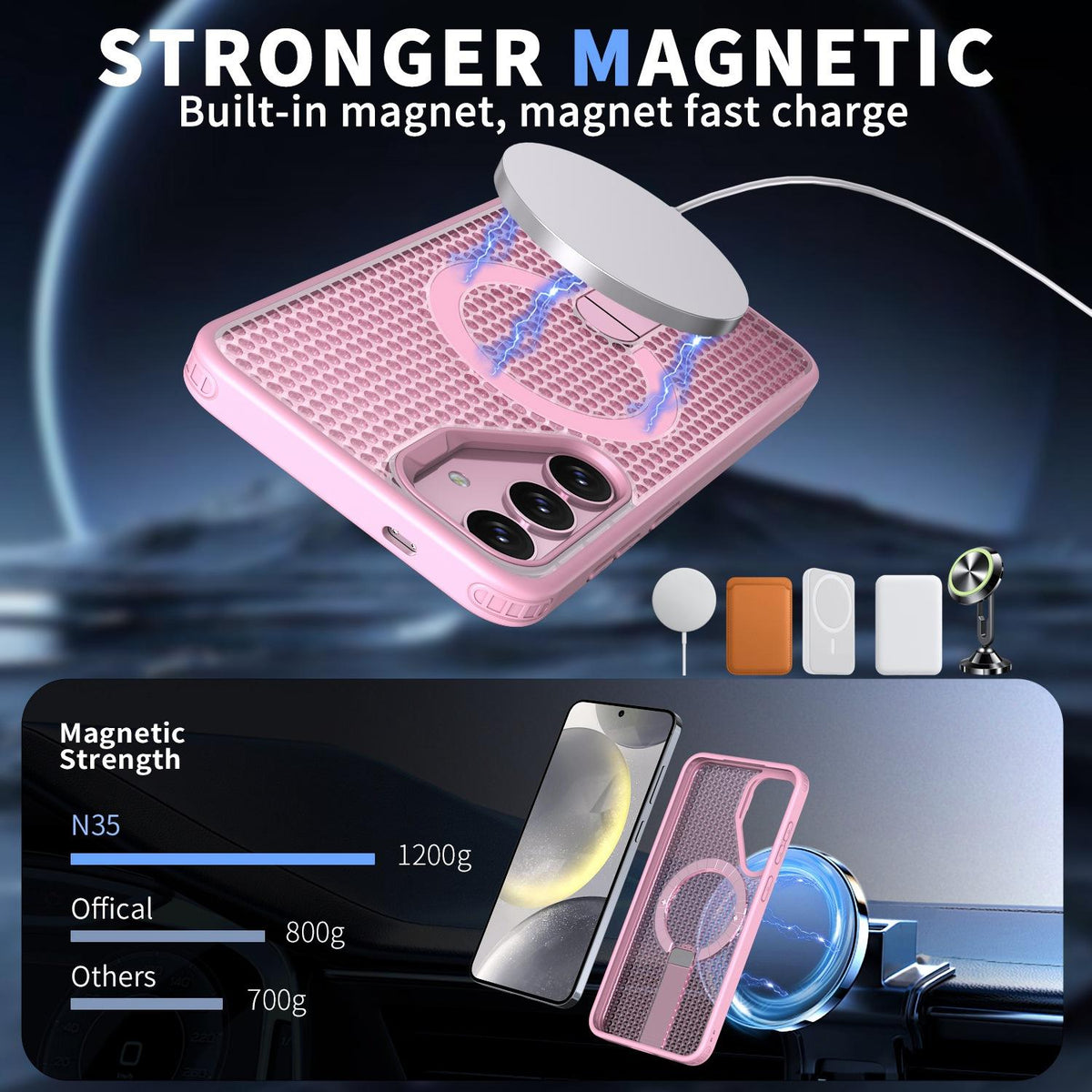 For Galaxy S25 5G kalebol Honeycomb Cooling MagSafe Holder Phone Case - Pink - EDA008482012E