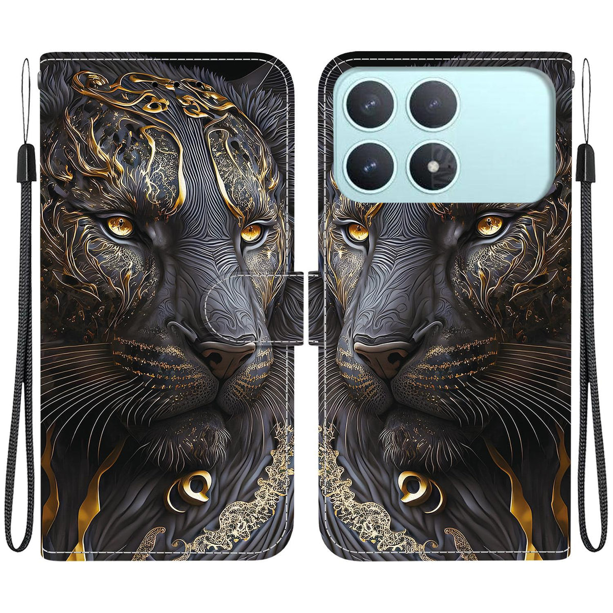 For Redmi K90 / Xiaomi Poco F8 Pro 5G Crystal Texture Colored Drawing Leather Phone Case - Black Gold Lion - EDA008484438G