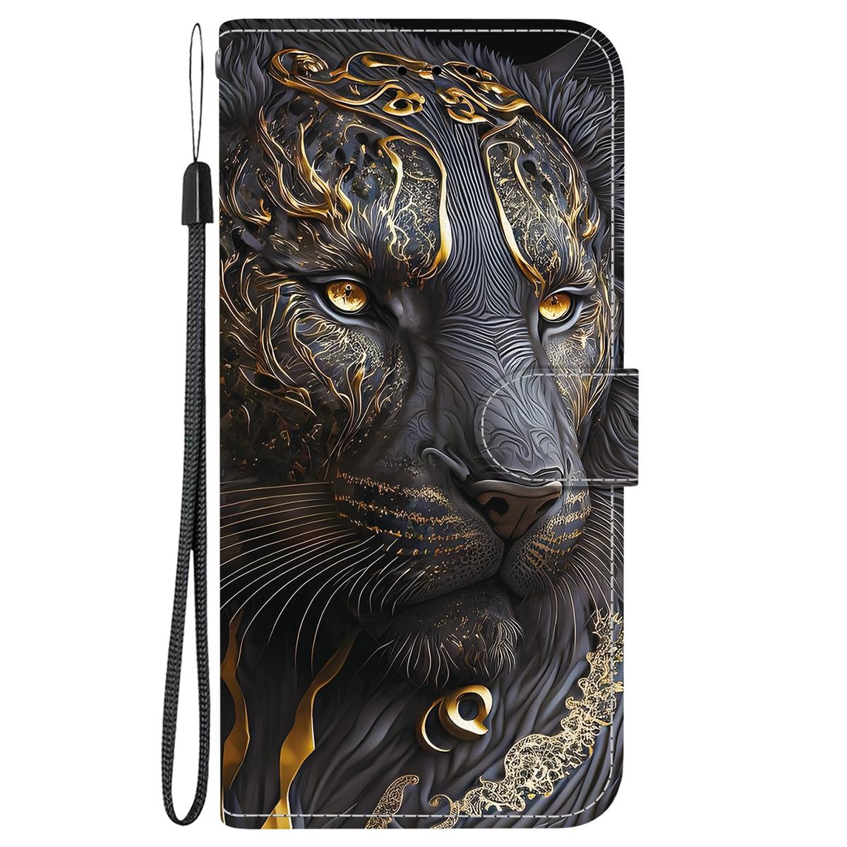 For Redmi K90 / Xiaomi Poco F8 Pro 5G Crystal Texture Colored Drawing Leather Phone Case - Black Gold Lion - EDA008484438G