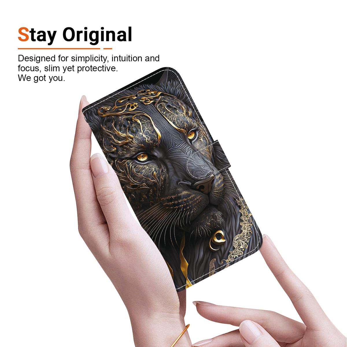 For Redmi K90 / Xiaomi Poco F8 Pro 5G Crystal Texture Colored Drawing Leather Phone Case - Black Gold Lion - EDA008484438G