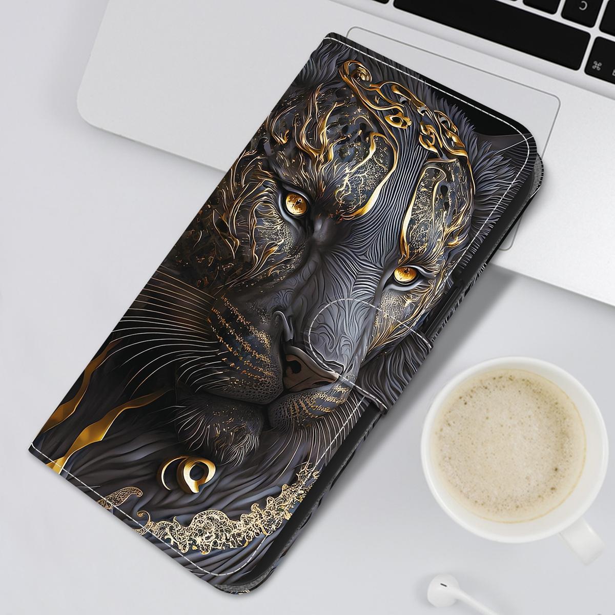 For Redmi K90 / Xiaomi Poco F8 Pro 5G Crystal Texture Colored Drawing Leather Phone Case - Black Gold Lion - EDA008484438G