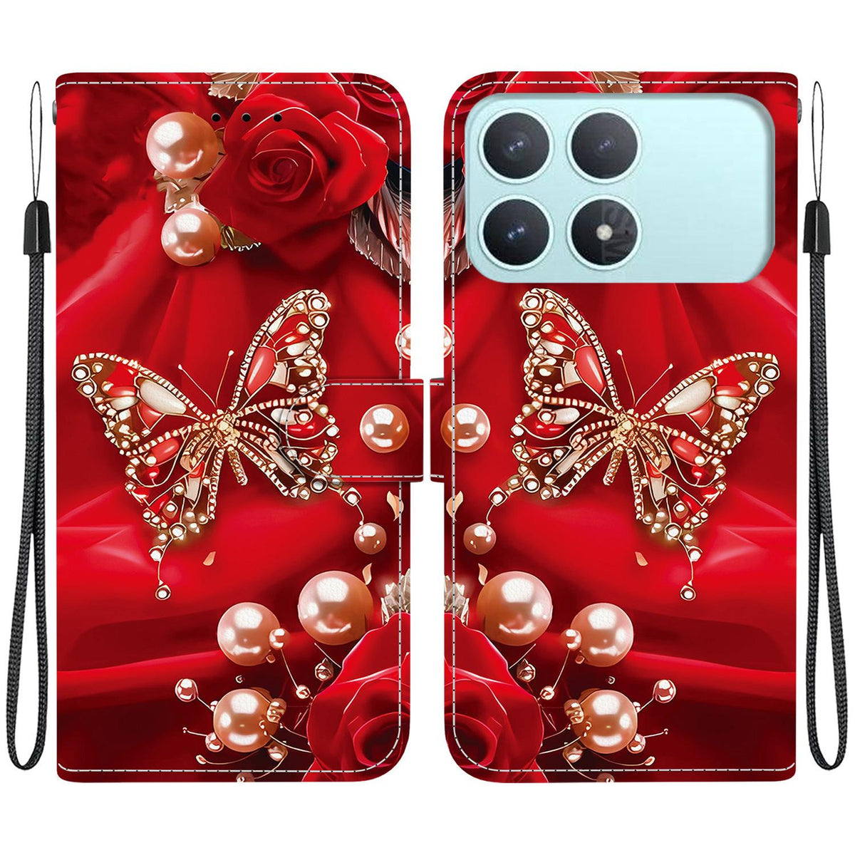For Redmi K90 / Xiaomi Poco F8 Pro 5G Crystal Texture Colored Drawing Leather Phone Case - Pearl Butterfly Rose - EDA008484438I