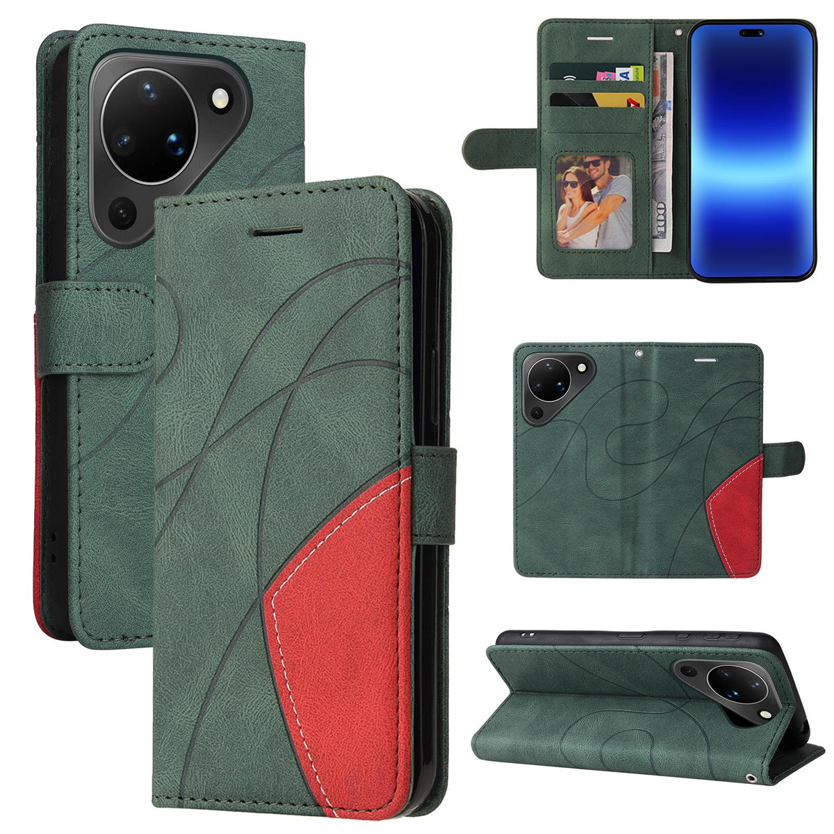For Huawei Pura 90 5G Dual-color Splicing Flip Leather Phone Case - Green - EDA008491705D