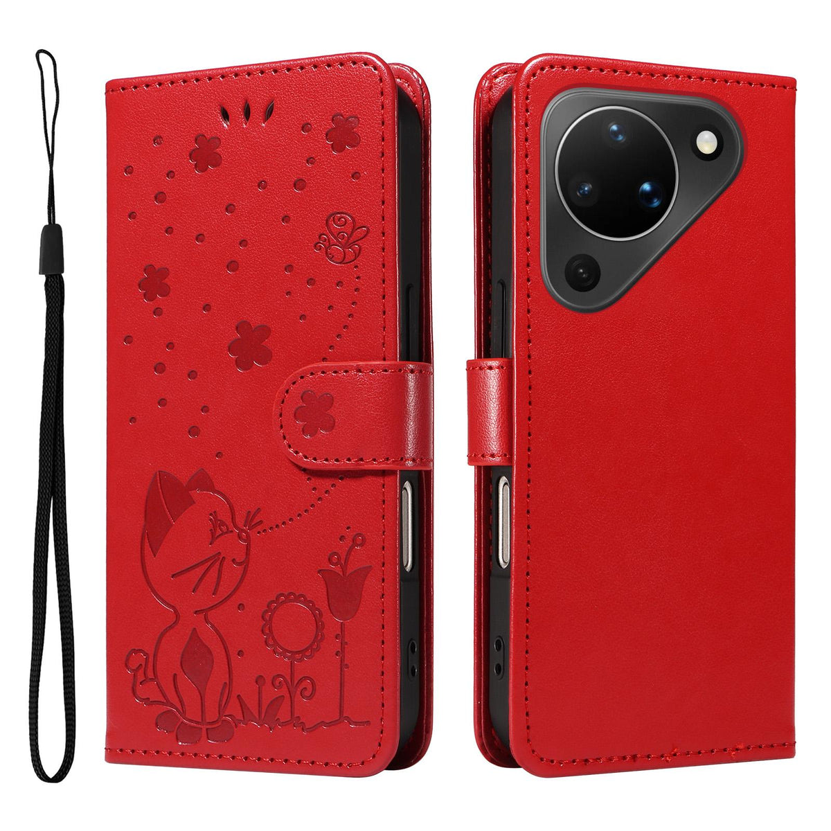 For Huawei Pura 90 5G Cat and Bee Embossed Flip Leather Phone Case - Red - EDA008492705A