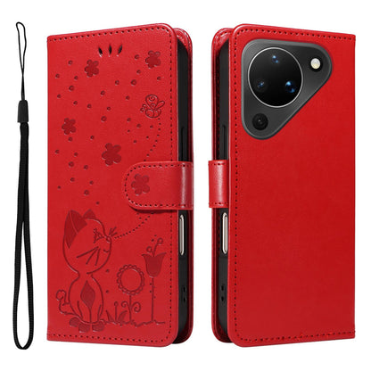 For Huawei Pura 90 5G Cat and Bee Embossed Flip Leather Phone Case - Red - EDA008492705A
