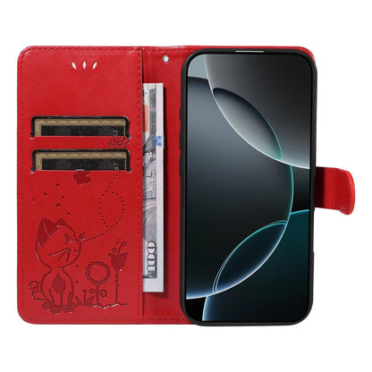 For Huawei Pura 90 5G Cat and Bee Embossed Flip Leather Phone Case - Red - EDA008492705A