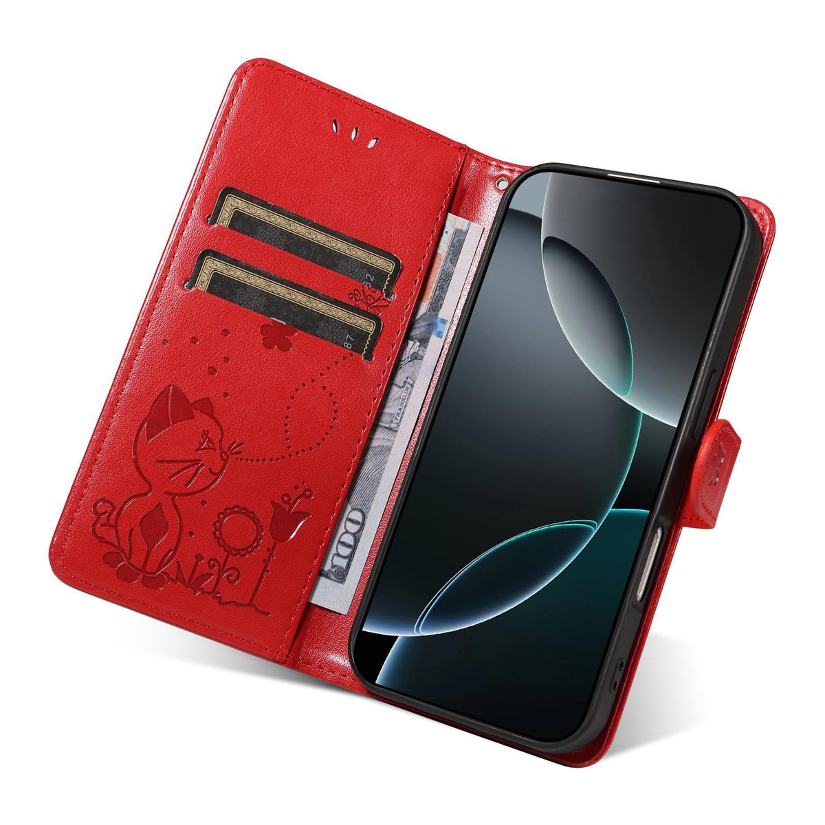 For Huawei Pura 90 5G Cat and Bee Embossed Flip Leather Phone Case - Red - EDA008492705A