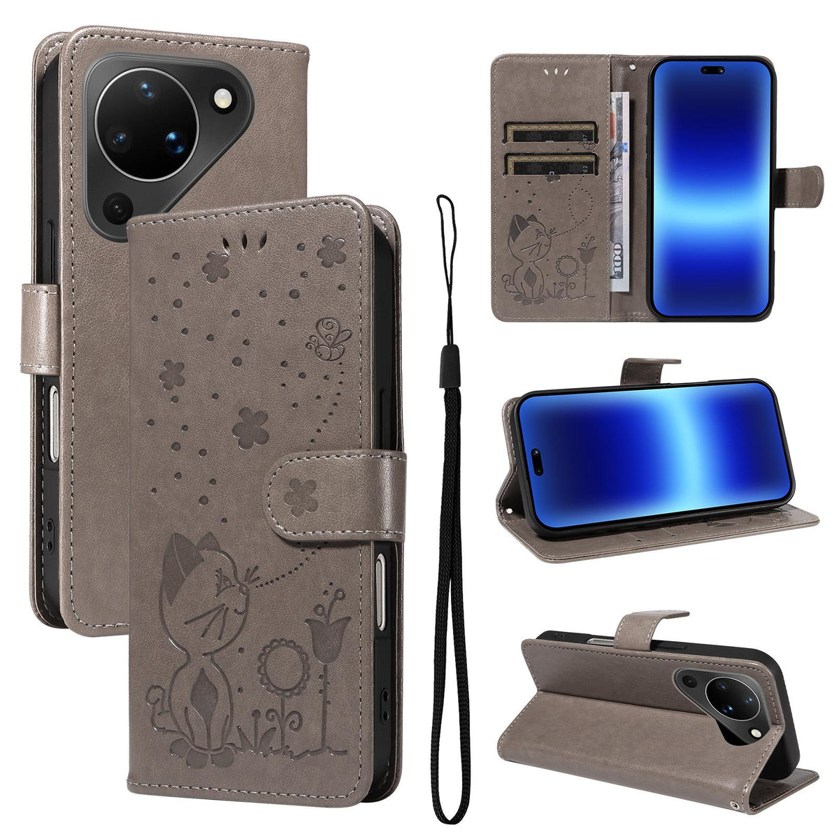 For Huawei Pura 90 5G Cat and Bee Embossed Flip Leather Phone Case - Grey - EDA008492705B