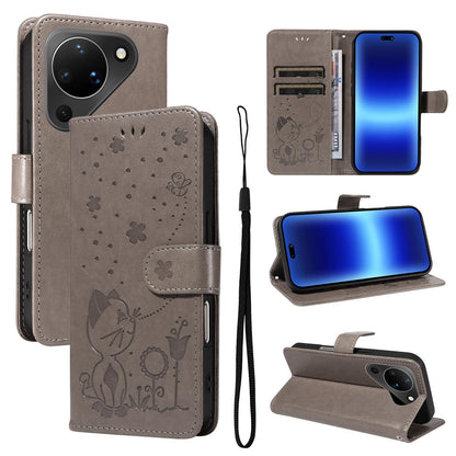 For Huawei Pura 90 5G Cat and Bee Embossed Flip Leather Phone Case - Grey - EDA008492705B