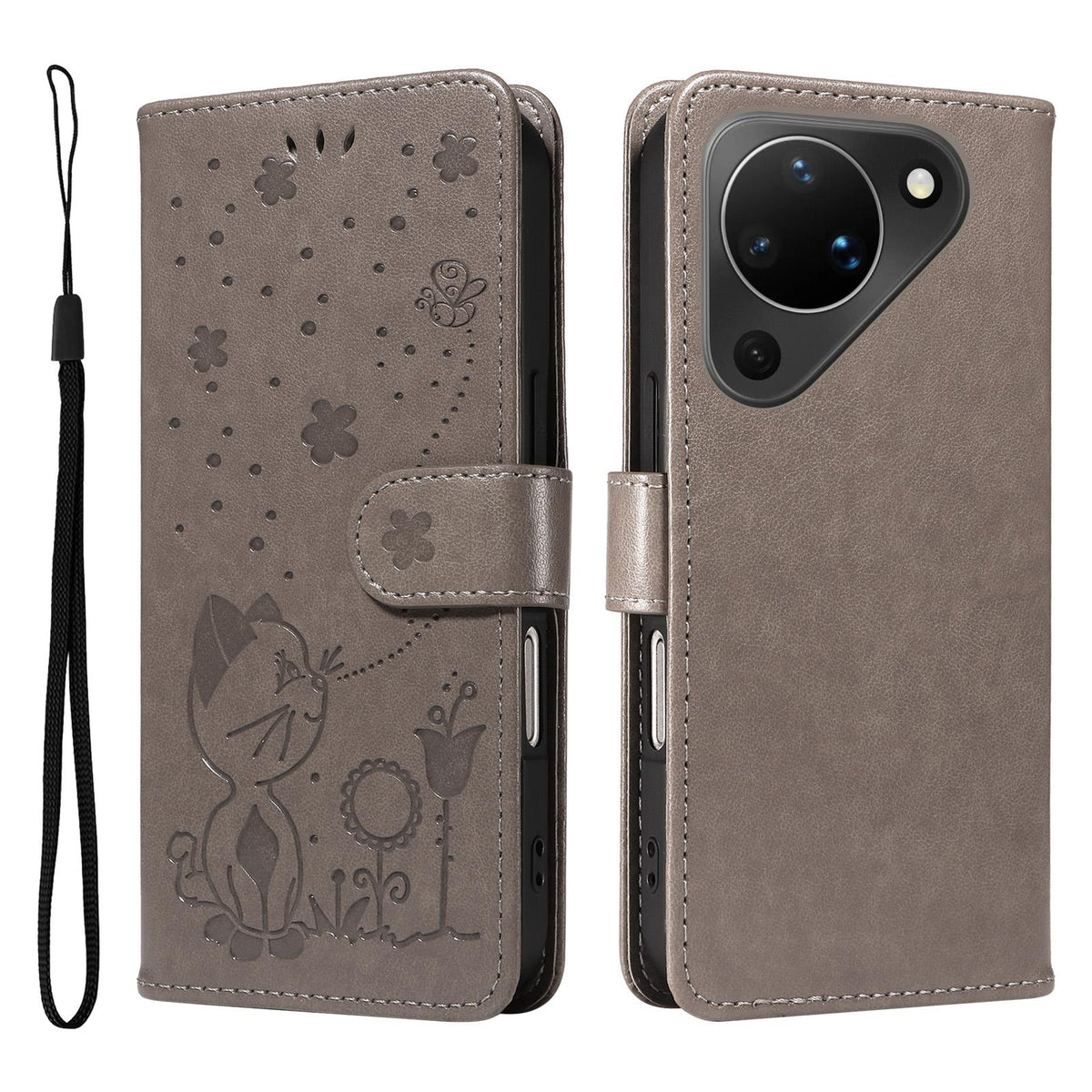 For Huawei Pura 90 5G Cat and Bee Embossed Flip Leather Phone Case - Grey - EDA008492705B