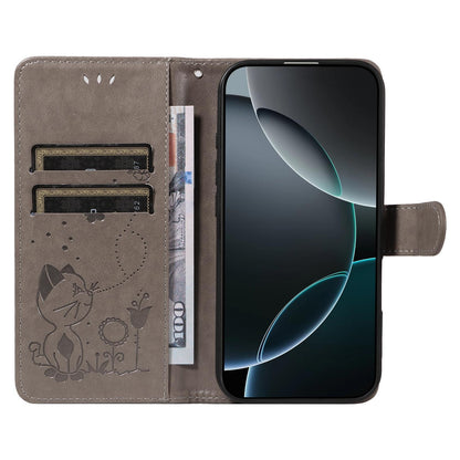 For Huawei Pura 90 5G Cat and Bee Embossed Flip Leather Phone Case - Grey - EDA008492705B