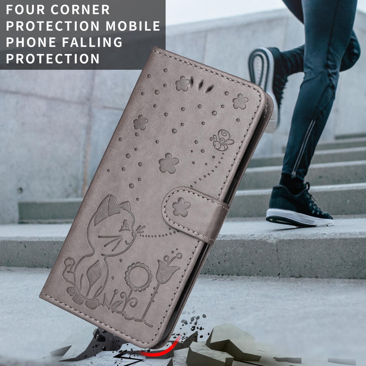For Huawei Pura 90 5G Cat and Bee Embossed Flip Leather Phone Case - Grey - EDA008492705B