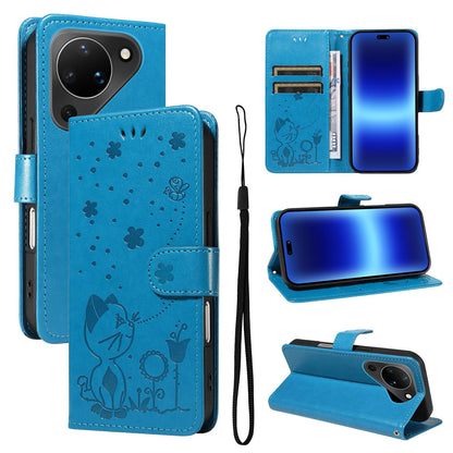 For Huawei Pura 90 5G Cat and Bee Embossed Flip Leather Phone Case - Blue - EDA008492705C