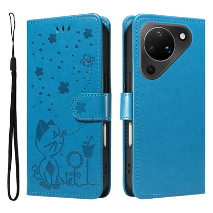 For Huawei Pura 90 5G Cat and Bee Embossed Flip Leather Phone Case - Blue - EDA008492705C