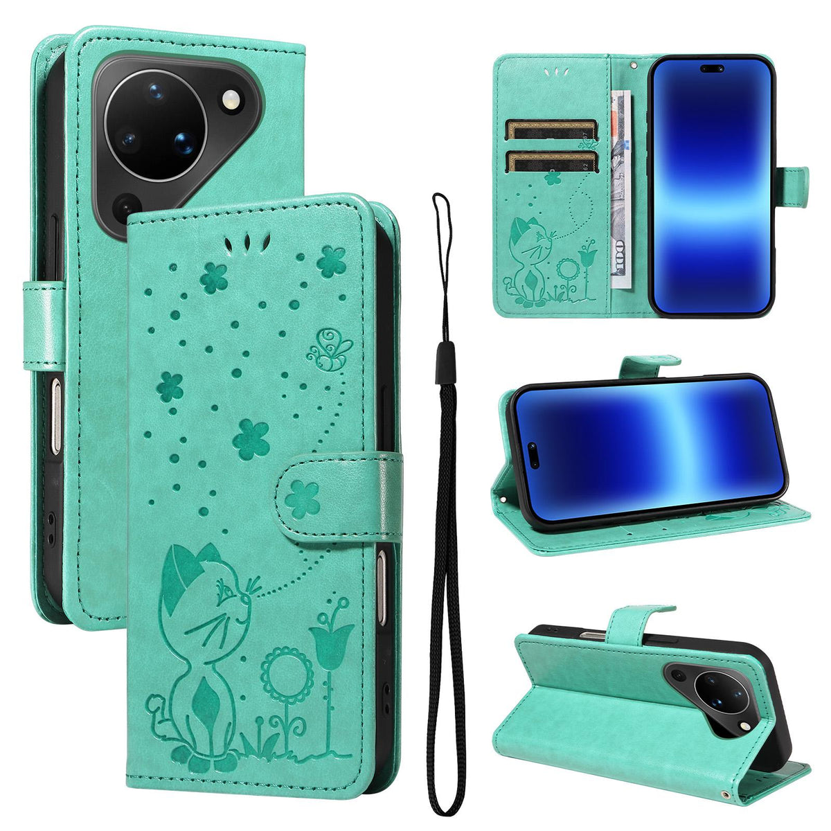 For Huawei Pura 90 5G Cat and Bee Embossed Flip Leather Phone Case - Green - EDA008492705D