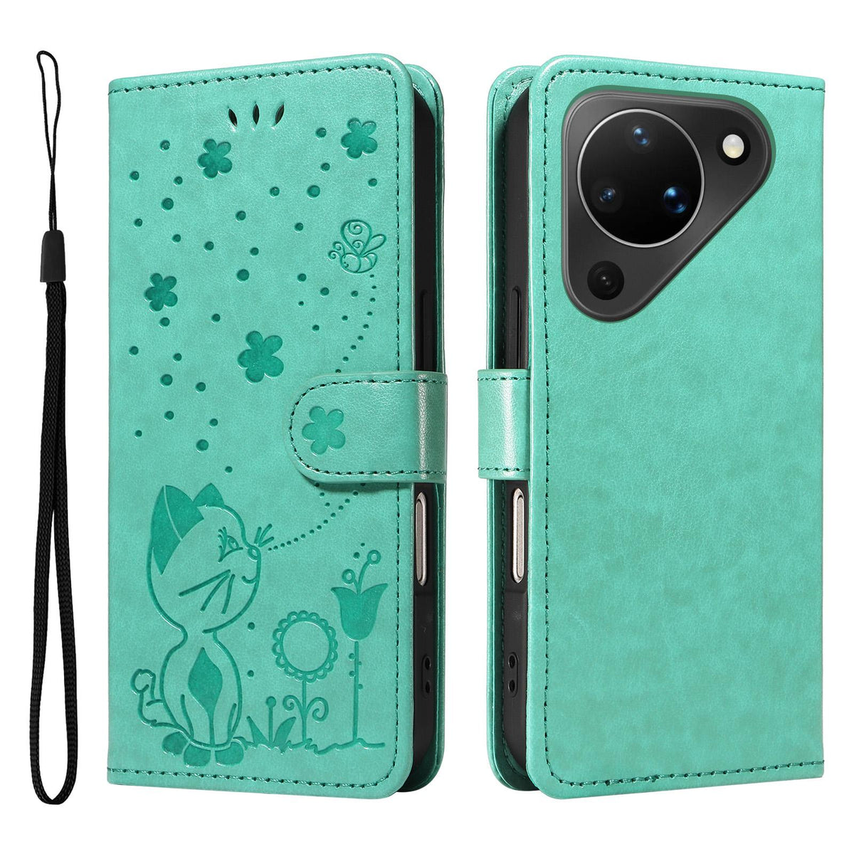 For Huawei Pura 90 5G Cat and Bee Embossed Flip Leather Phone Case - Green - EDA008492705D