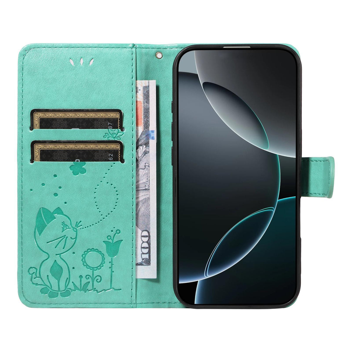 For Huawei Pura 90 5G Cat and Bee Embossed Flip Leather Phone Case - Green - EDA008492705D