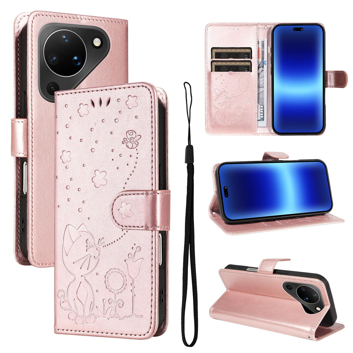 For Huawei Pura 90 5G Cat and Bee Embossed Flip Leather Phone Case - Rose Gold - EDA008492705E