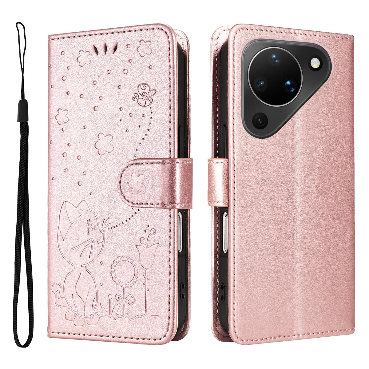 For Huawei Pura 90 5G Cat and Bee Embossed Flip Leather Phone Case - Rose Gold - EDA008492705E