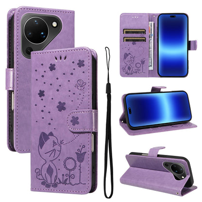 For Huawei Pura 90 5G Cat and Bee Embossed Flip Leather Phone Case - Purple - EDA008492705F