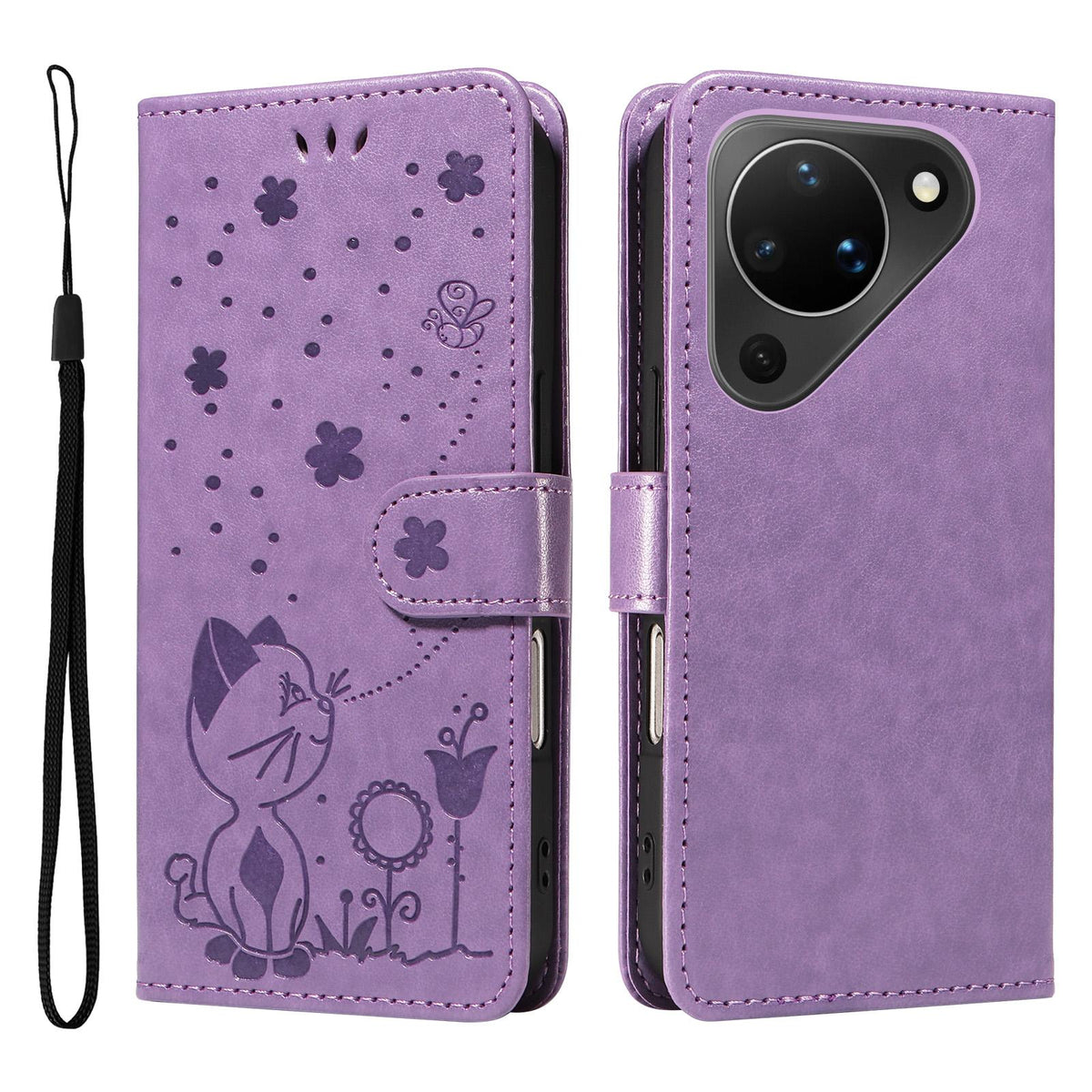For Huawei Pura 90 5G Cat and Bee Embossed Flip Leather Phone Case - Purple - EDA008492705F