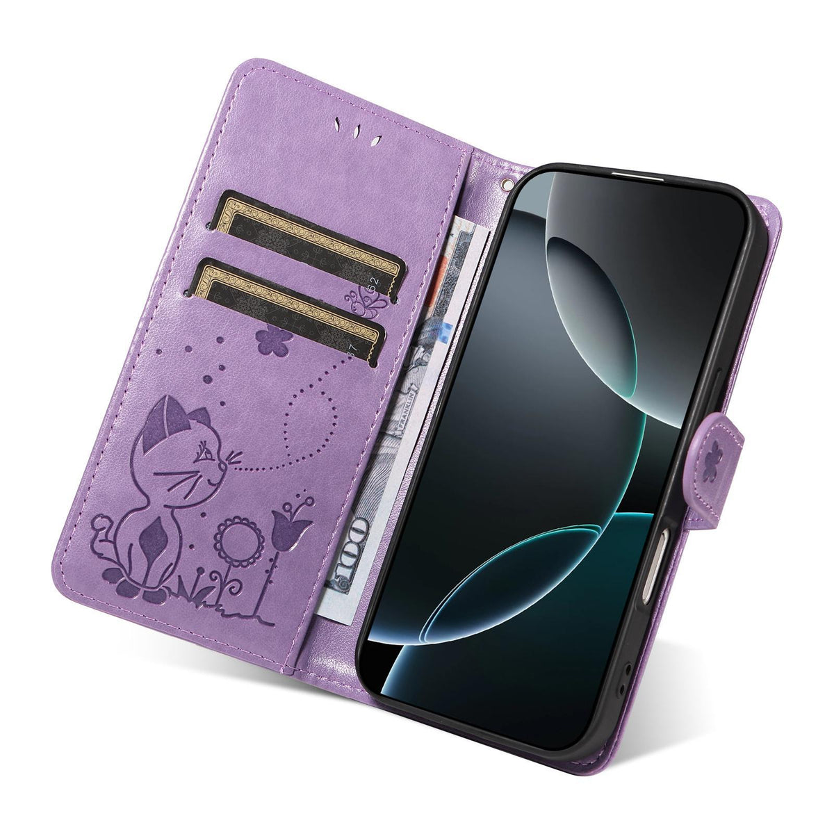 For Huawei Pura 90 5G Cat and Bee Embossed Flip Leather Phone Case - Purple - EDA008492705F