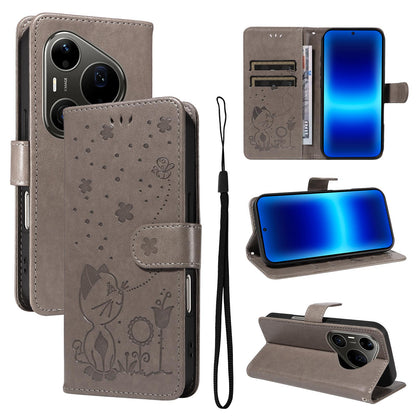 For Huawei Pura 90 Pro Max 5G Cat and Bee Embossed Flip Leather Phone Case - Grey - EDA008492707B