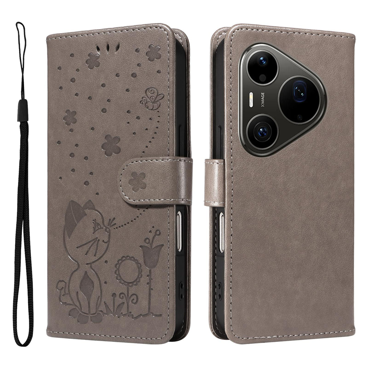 For Huawei Pura 90 Pro Max 5G Cat and Bee Embossed Flip Leather Phone Case - Grey - EDA008492707B