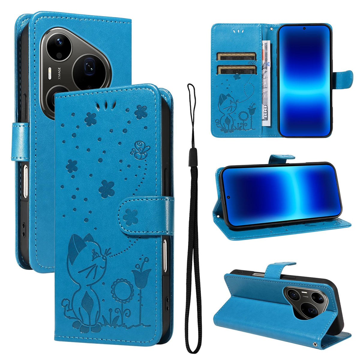 For Huawei Pura 90 Pro Max 5G Cat and Bee Embossed Flip Leather Phone Case - Blue - EDA008492707C