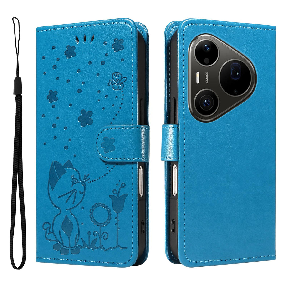 For Huawei Pura 90 Pro Max 5G Cat and Bee Embossed Flip Leather Phone Case - Blue - EDA008492707C