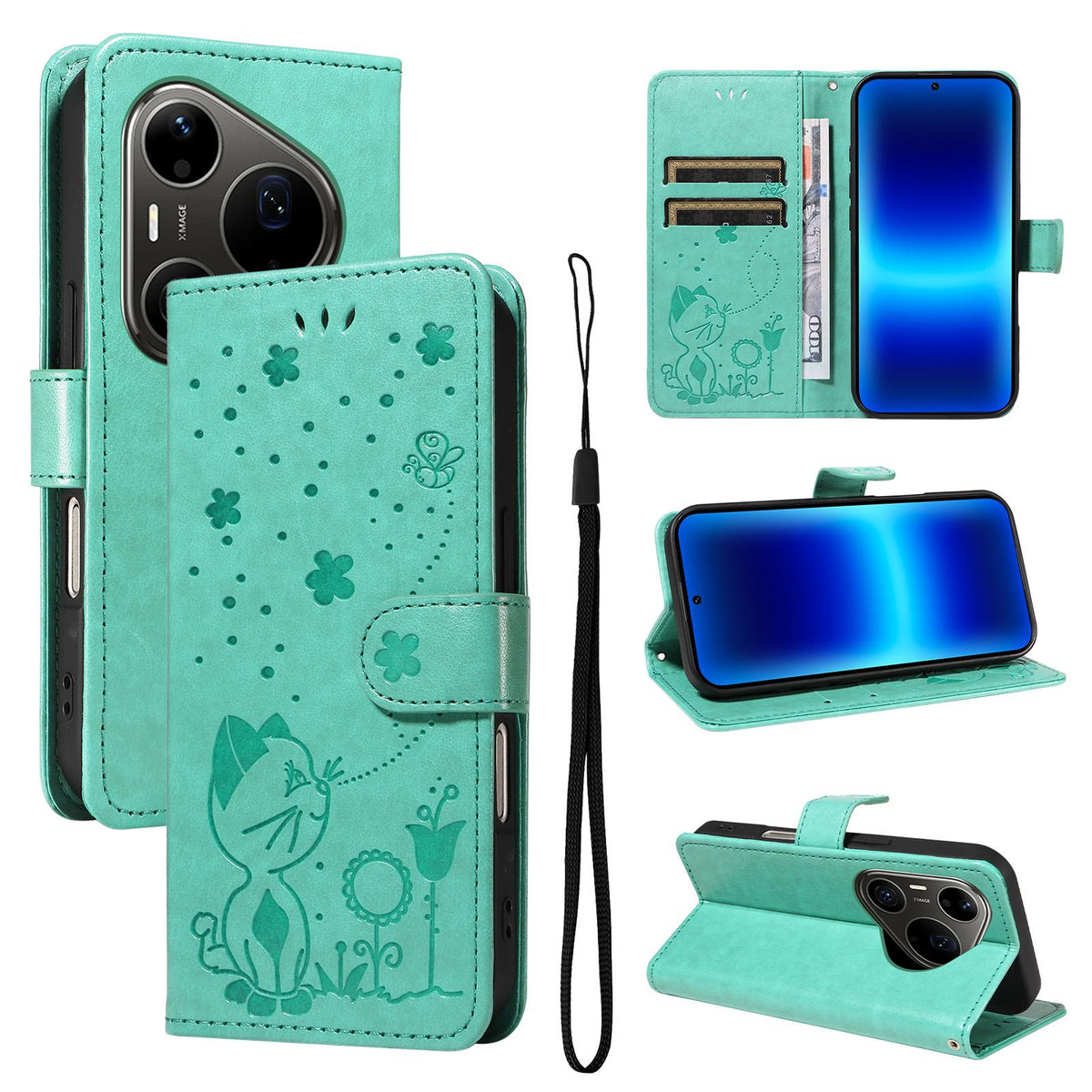 For Huawei Pura 90 Pro Max 5G Cat and Bee Embossed Flip Leather Phone Case - Green - EDA008492707D