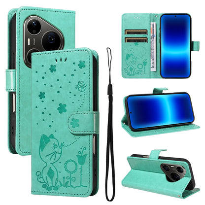 For Huawei Pura 90 Pro Max 5G Cat and Bee Embossed Flip Leather Phone Case - Green - EDA008492707D