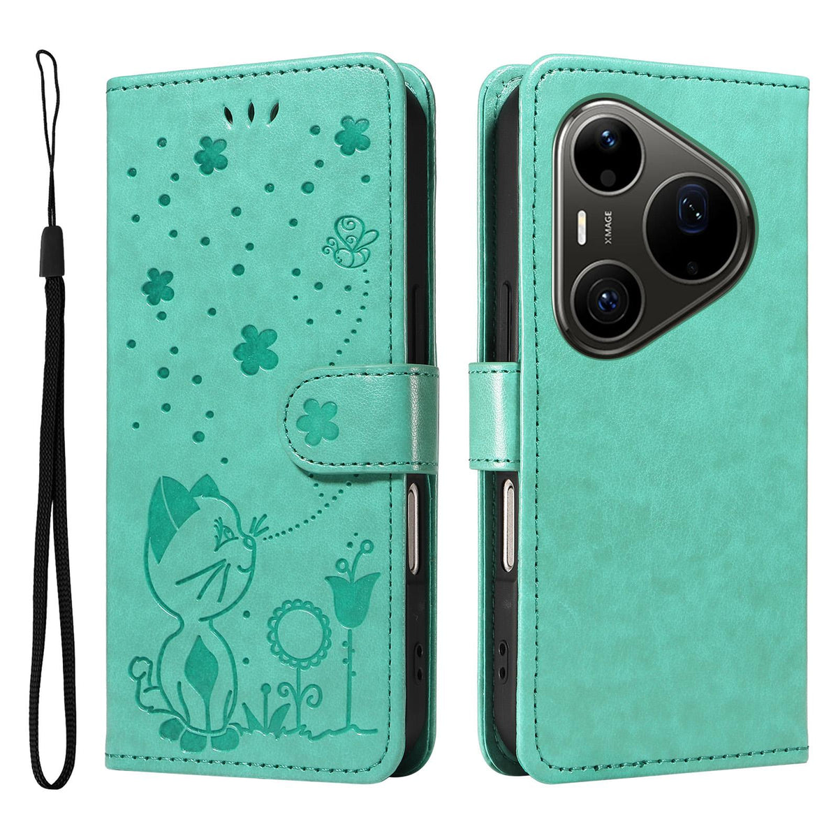 For Huawei Pura 90 Pro Max 5G Cat and Bee Embossed Flip Leather Phone Case - Green - EDA008492707D