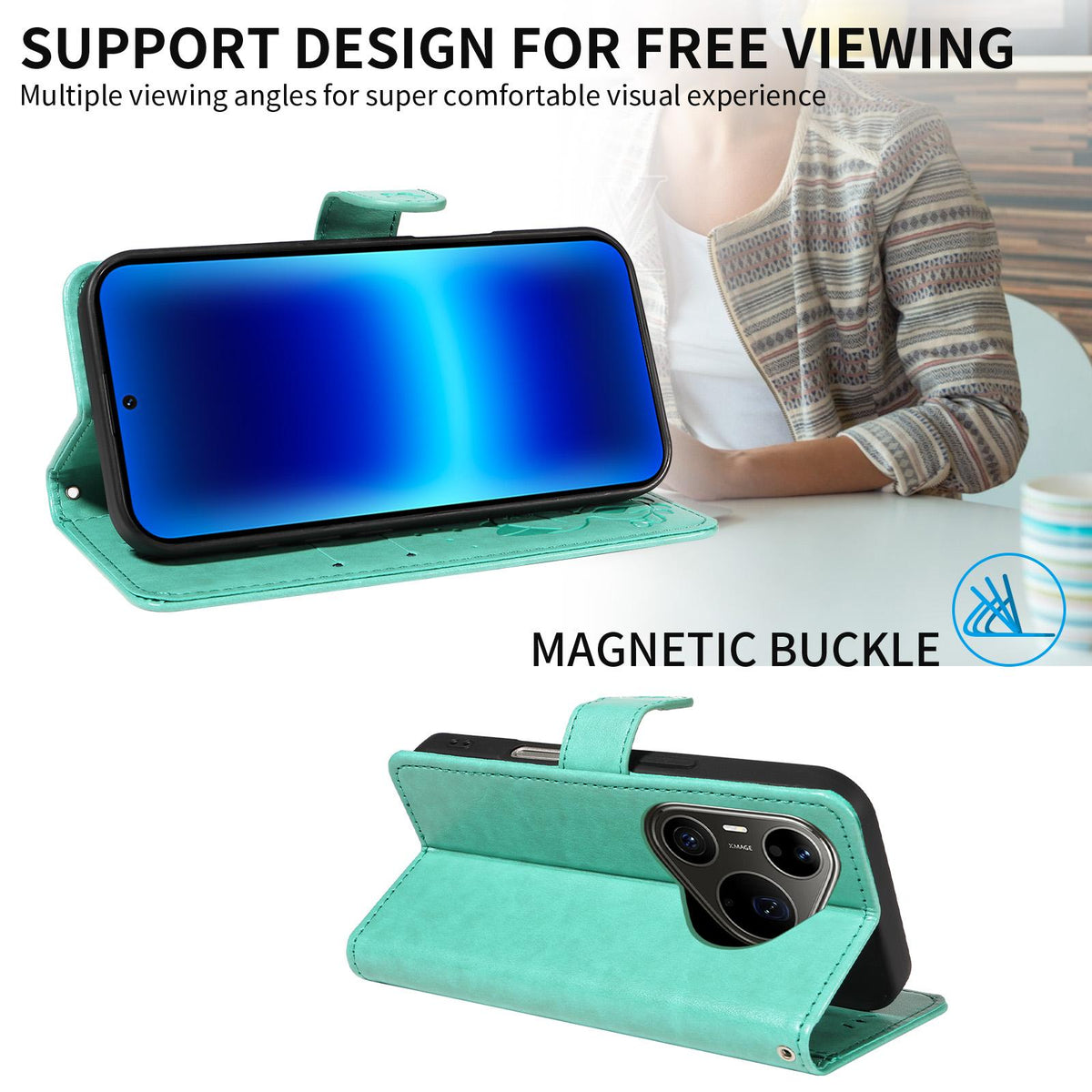 For Huawei Pura 90 Pro Max 5G Cat and Bee Embossed Flip Leather Phone Case - Green - EDA008492707D