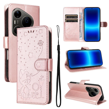 For Huawei Pura 90 Pro Max 5G Cat and Bee Embossed Flip Leather Phone Case - Rose Gold - EDA008492707E