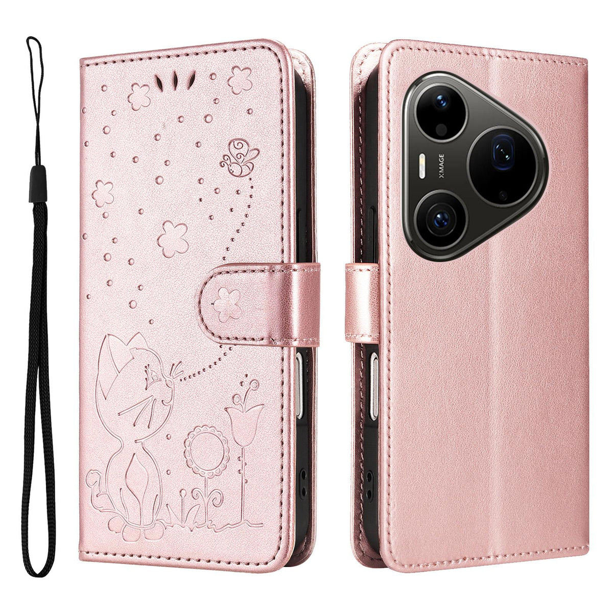 For Huawei Pura 90 Pro Max 5G Cat and Bee Embossed Flip Leather Phone Case - Rose Gold - EDA008492707E