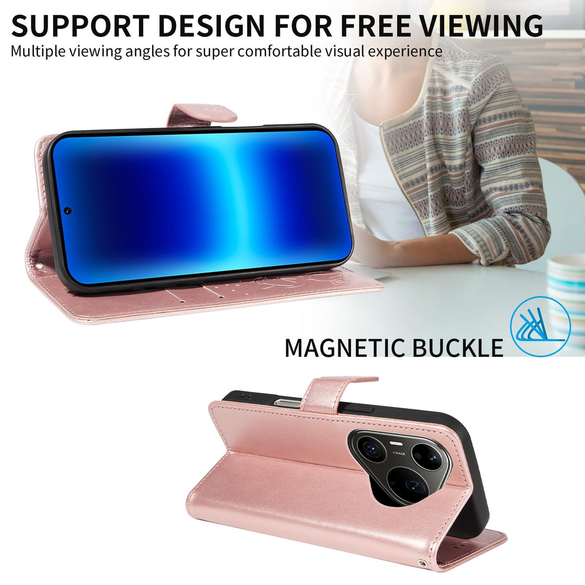 For Huawei Pura 90 Pro Max 5G Cat and Bee Embossed Flip Leather Phone Case - Rose Gold - EDA008492707E