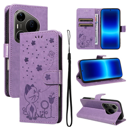 For Huawei Pura 90 Pro Max 5G Cat and Bee Embossed Flip Leather Phone Case - Purple - EDA008492707F