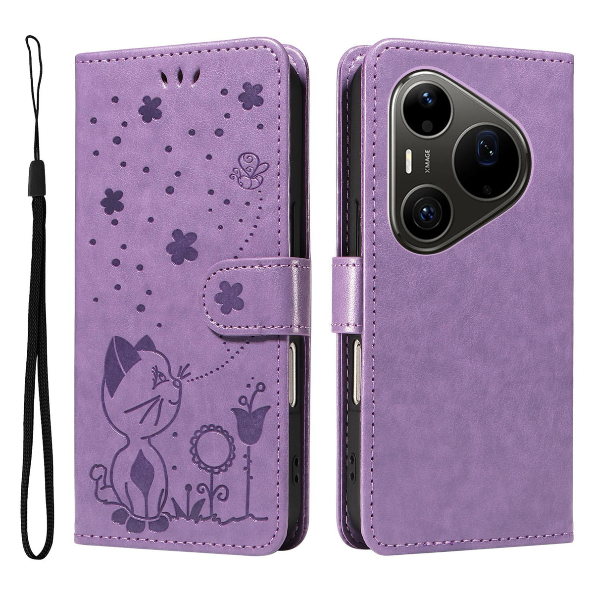 For Huawei Pura 90 Pro Max 5G Cat and Bee Embossed Flip Leather Phone Case - Purple - EDA008492707F