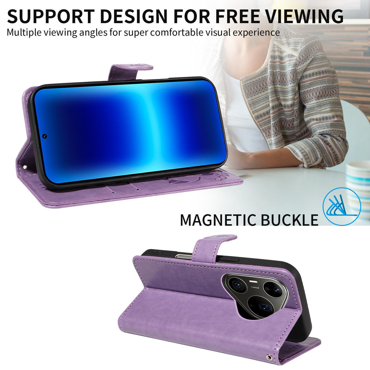 For Huawei Pura 90 Pro Max 5G Cat and Bee Embossed Flip Leather Phone Case - Purple - EDA008492707F
